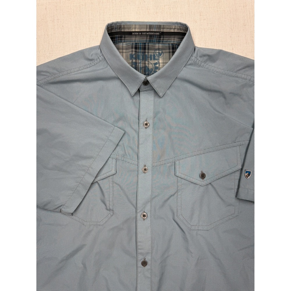 KUHL Mens Short Sleeve Button Down Shirt Blue Micro Check Hiking Outdoor XL 7154